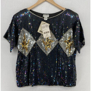 CEE CEE Blouse S Silk Sequin Embellished Boxy Boat Neck Dolman Sleeve Blue NEW